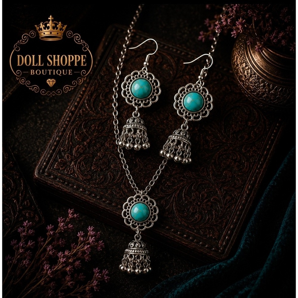 Boho Turquoise Jhumka Necklace & Earrings Set